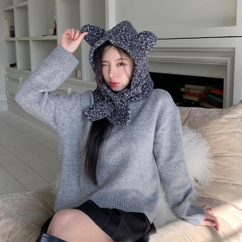 Cute fleece leopard print hooded muffler balaclava beige