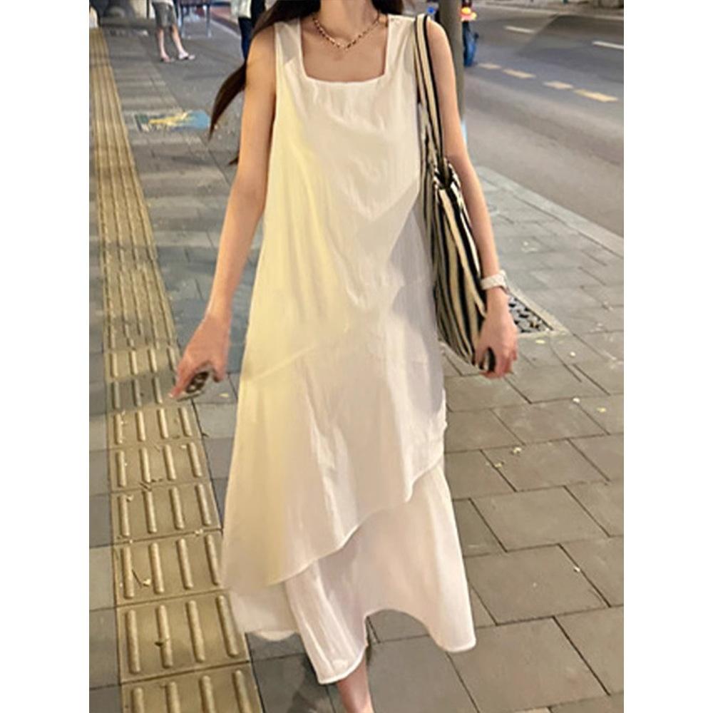 White vest skirt women's summer new French loose design medium and long irregular suspender dress