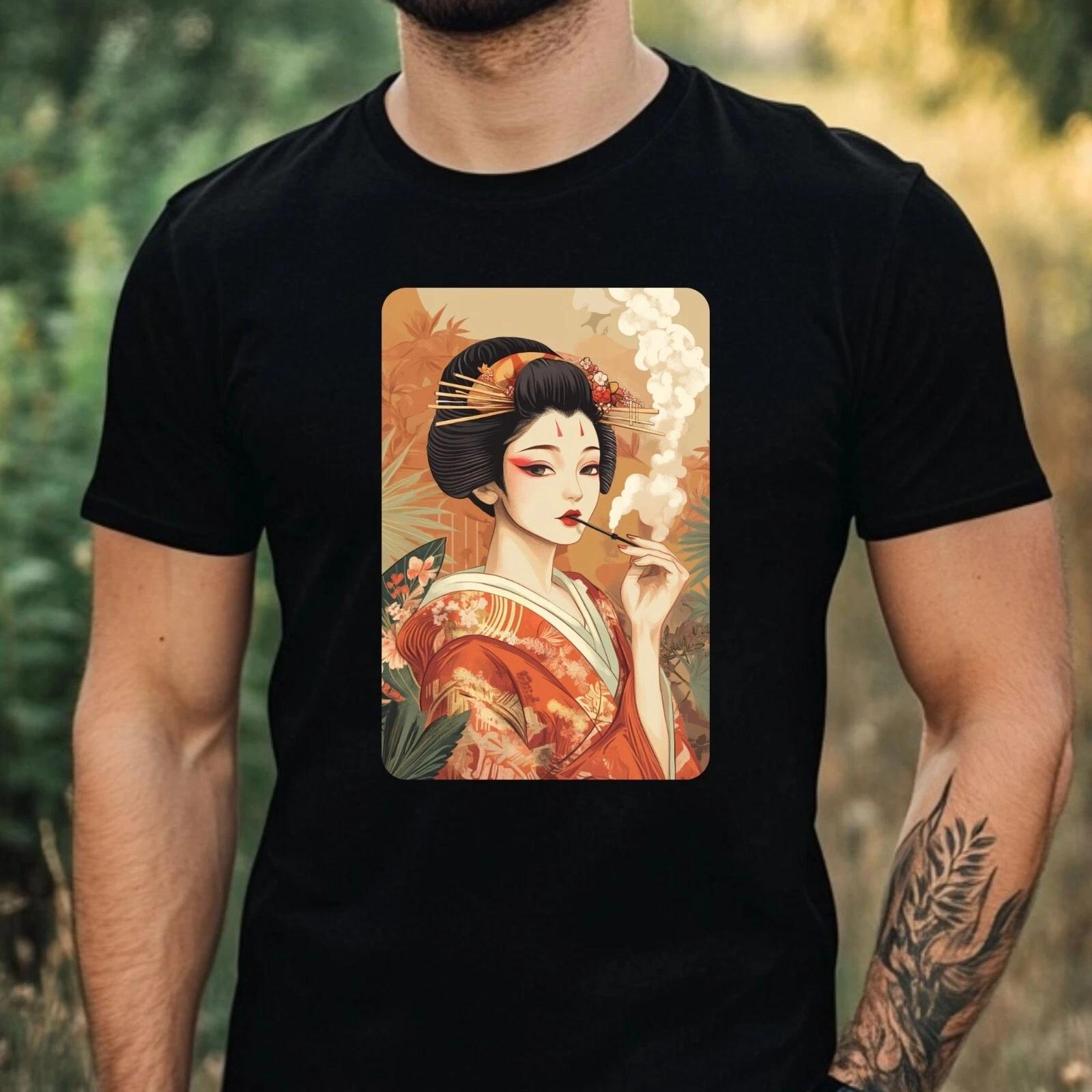 T-Shirt Herren Geisha Raucht Motiv Baumwolle Größe XS bis 5XL XS