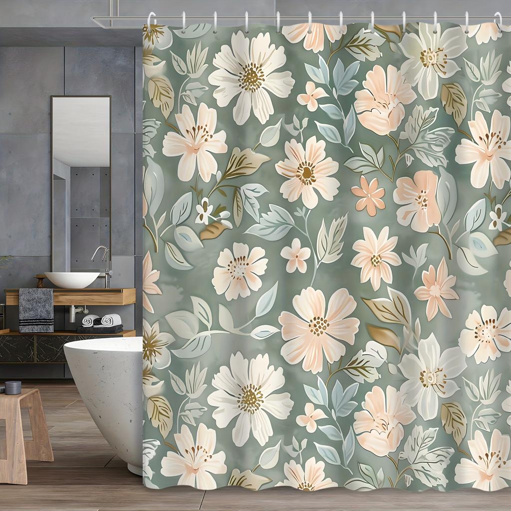 Botanical Floral Curtain - Water-Resistant, 12 Hooks, Plants & Flowers, Machine Washable, Grommet Top, Bath Decor