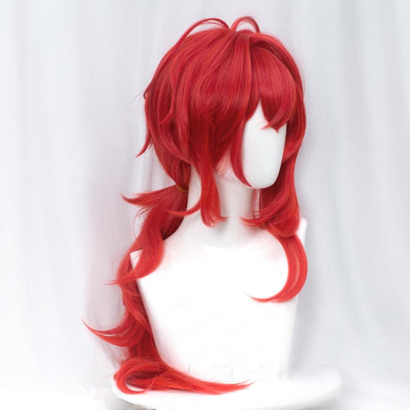 Diluc peruka Cosplay rude włosy długie kręcone stylizowane żaroodporne dla dorosłych mężczyzn kobiety Halloween do odgrywania ról + czapka z peruką