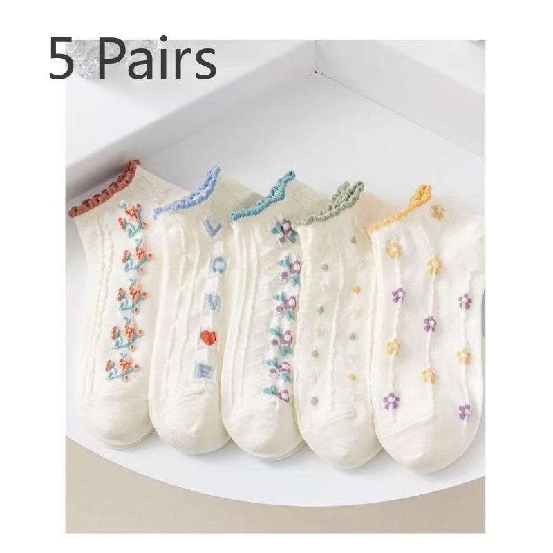 5 Pairs  Shallow-mouthed Trendy and Cute Women's Socks for Spring and Autumn with Lace Low-top Short-leg Women's Socks Summer Boat Socks