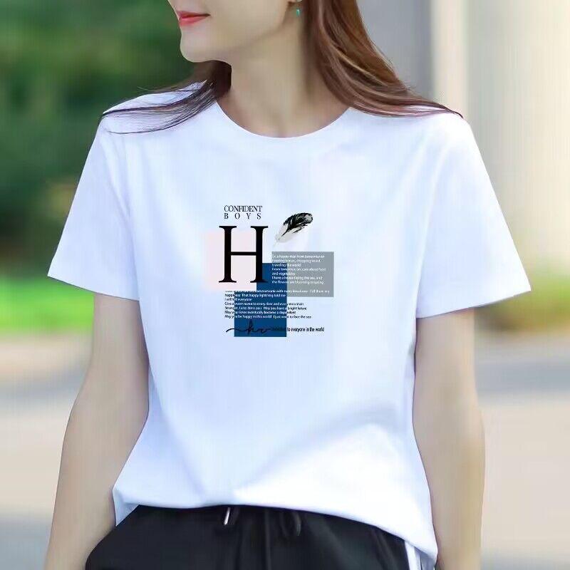 

Women s 202 Cross White Round Neck Short Sleeve T-Shirt - Loose, Slimming, Korean Summer Style Fashion Small