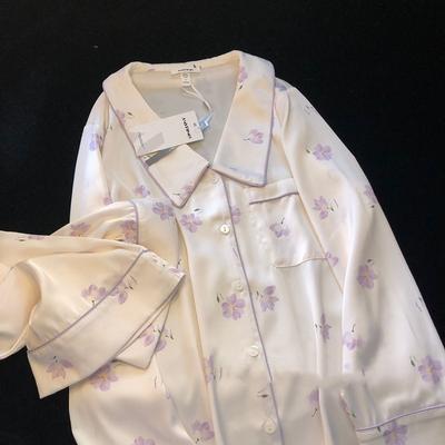 Nouveau Pyjama 2 Pièces en Soie Glacée pour Femmes Automne Printemps Ensemble Pyjama Femme Élégant Fleur Imprimée Vêtement d'Intérieur Doux Vêtement de Nuit