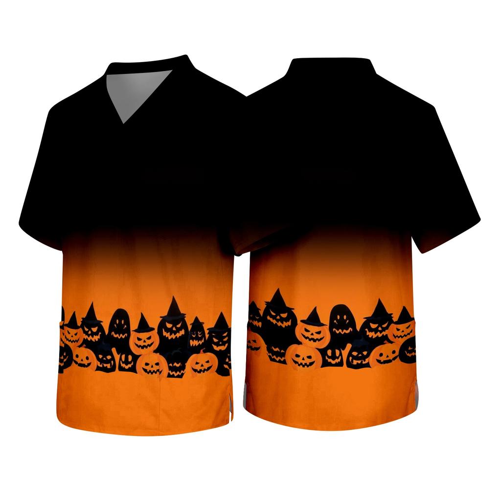 Men's Short Sleeve V-Neck Halloween Print Scrub Top with Chest Pocket