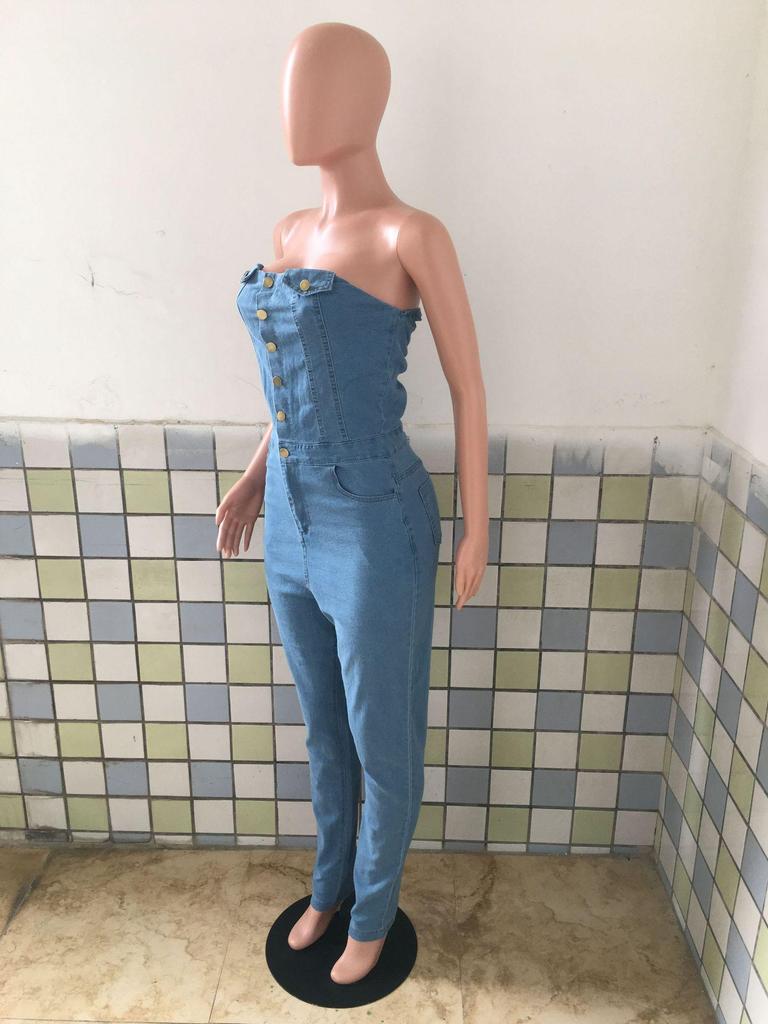 European American Strapless Slim Fit Denim Jumpsuit for Women