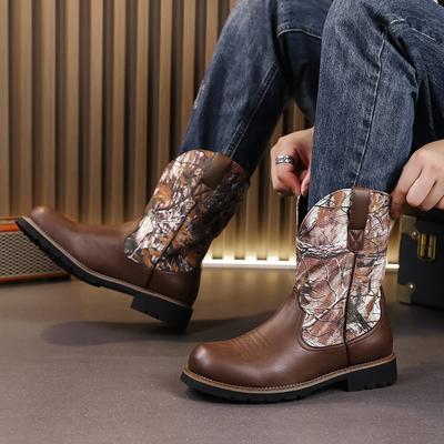Fashion Men Boots Mid Calf Western Motorcycle Boots Male Autumn Outdoor PU Leather Totem Med-Calf Boots Retro Men Shoes Big Size 48