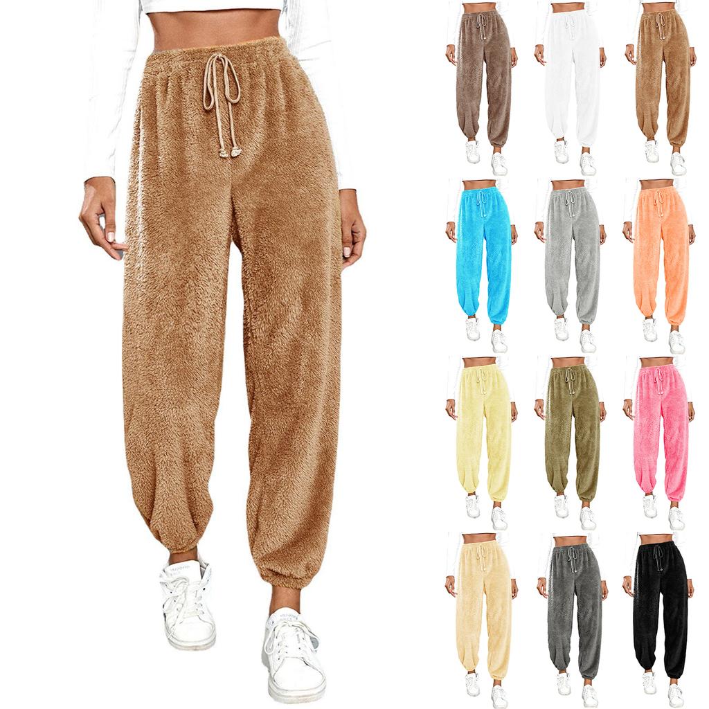 Women's Fashionable Relaxed-Fit Trousers Sporty Fleece-Lined Solid-Colour Cuffed Trousers