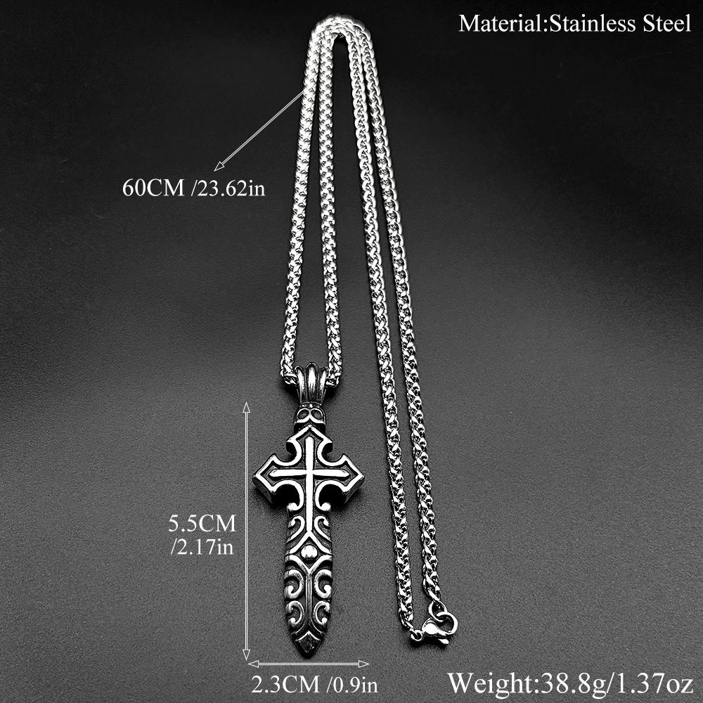 Vintage Gothic Punk Knight Sword Cross Pendant Necklace for Women Men Stainless Steel Silver Color Knife Chain Jewelry Gift