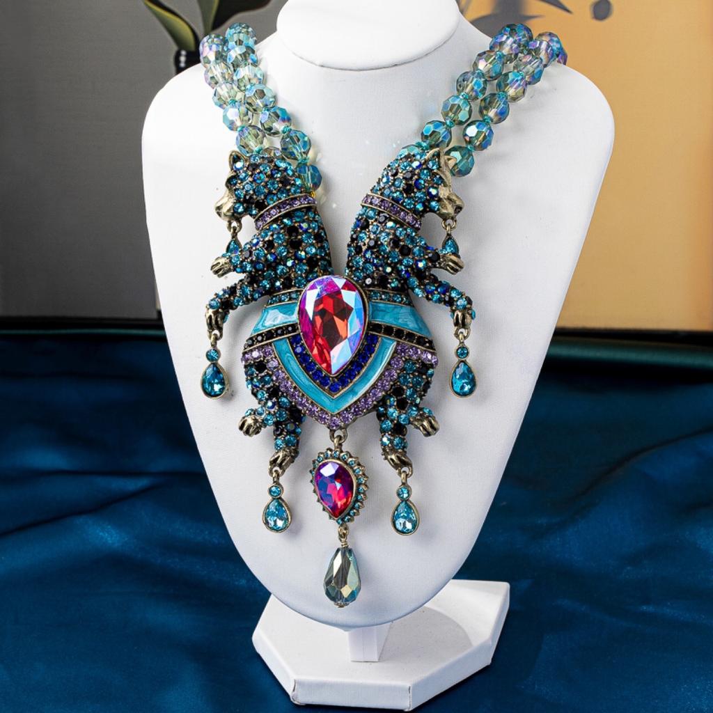 European and American Fashion Trend Vintage Heavy Industry Glass Bead Knotted Full of Diamonds Double Leopard Necklace