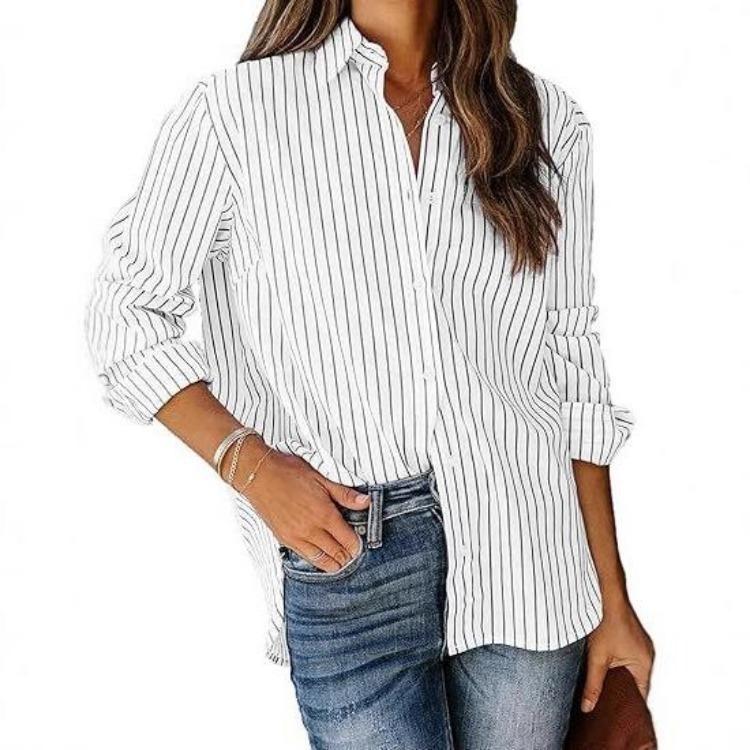 Ladies Casual Spring Top Striped Summer Elegant Shirt Sleeve S белый