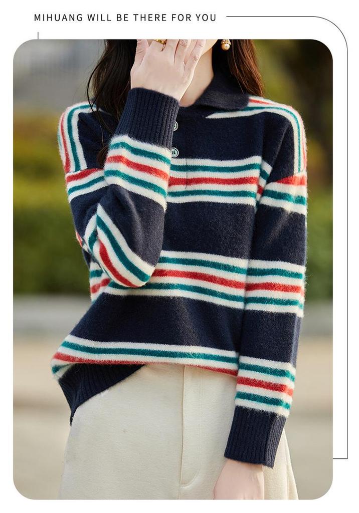 2024 Women's Color Block Striped Cashmere Knit Polo - Slimming Long Sleeve Top