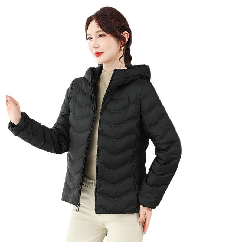 2025 Autumn and Winter New Hooded Pressure Glue Light Down Jacket Women's Short White Duck Down Warm Wavy Line Fashion Coat