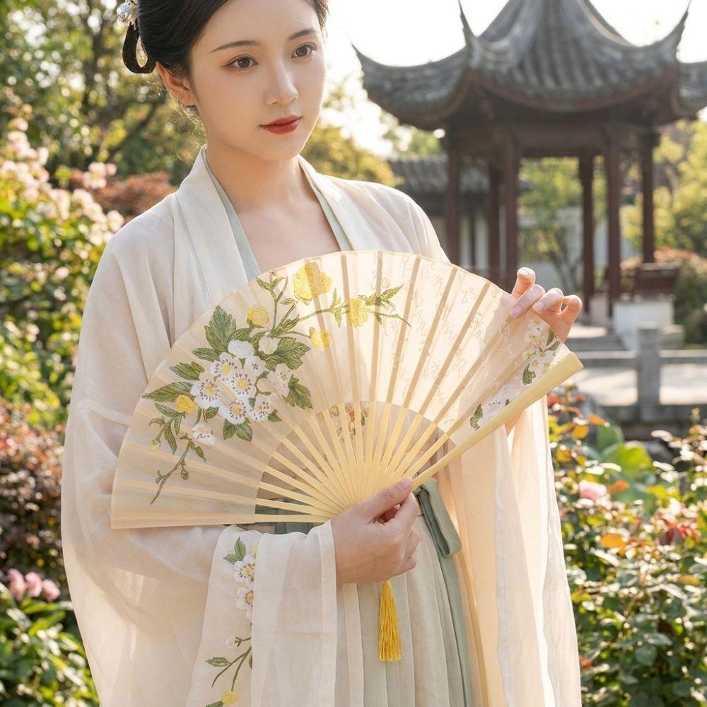 Portable Ancient Style Printing Folding Fan Exquisite Vintage Handheld Fan with Tassel Flower Pattern Chinese Style Folding Fan