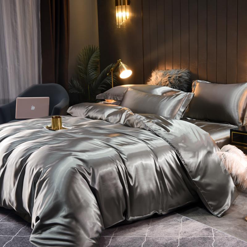 Solid Satin Bedding Set Soft Smooth Duvet Cover Sheet Pillowcase For Twin Full Queen King Size Beds