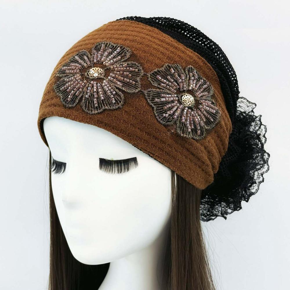 

Knitted Headband Cap Sequin Postpartum Cap New Headscarf Summer коричневий