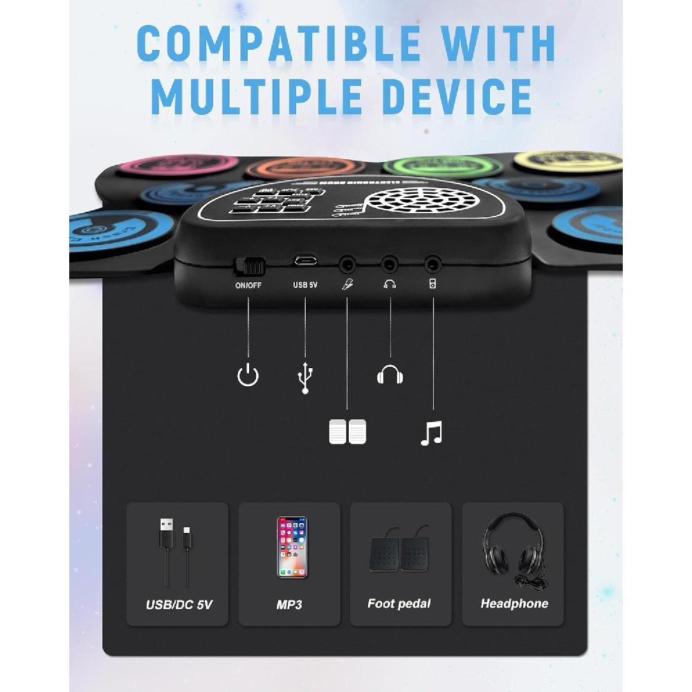 Portable Electronic Drum Set With 9 Pads, Built-in Speakers, MIDI/USB, Foot Pedals & Sticks - Practice Drum Kit For Beginners, Kids, Home Use