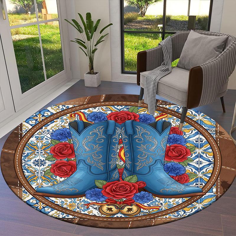 Cowboy Boots Round Area Rug,Carpet Rug for Living Room Bedroom Sofa Playroom Decor,Non Slip Floor Mat