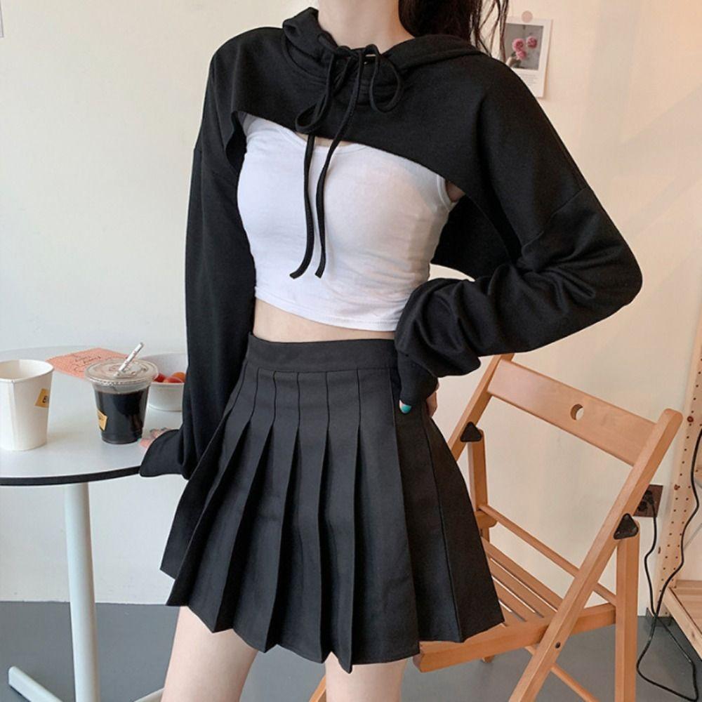 Patchwork Female Hoodie Ultra Short Drawstring Shrug Pullover Long Sleeve Crop Top  Holiday