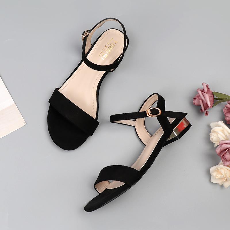 fashion Size 33-43 Summer Fashion Shoes Women  2024 Suede Shoes Square Heel Open Toe Simple Sandals Flat Roman Belt Apricot Comfortable
