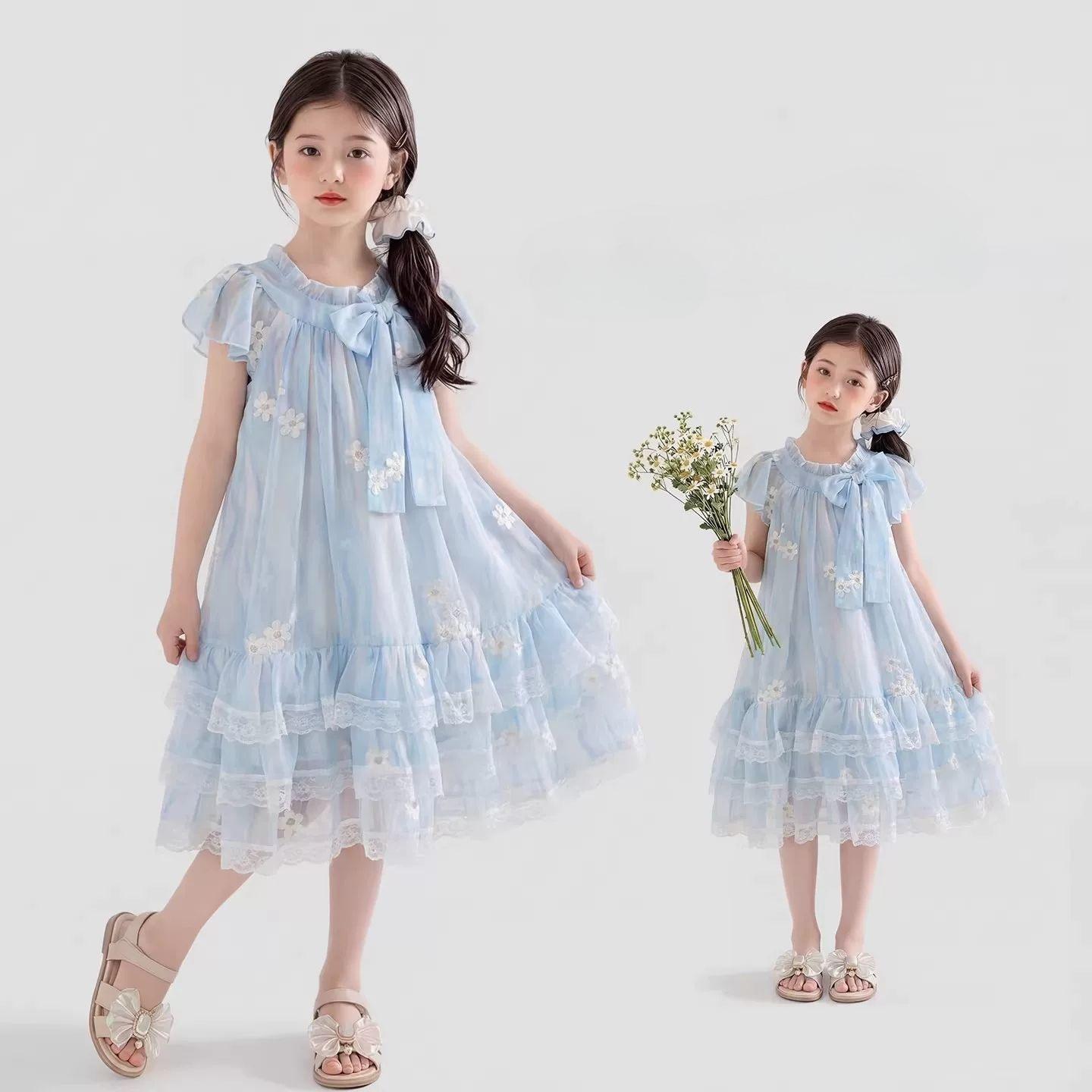 Sweet Light Blue Dress for Girls - Summer Children s Princess Floral Dress 130