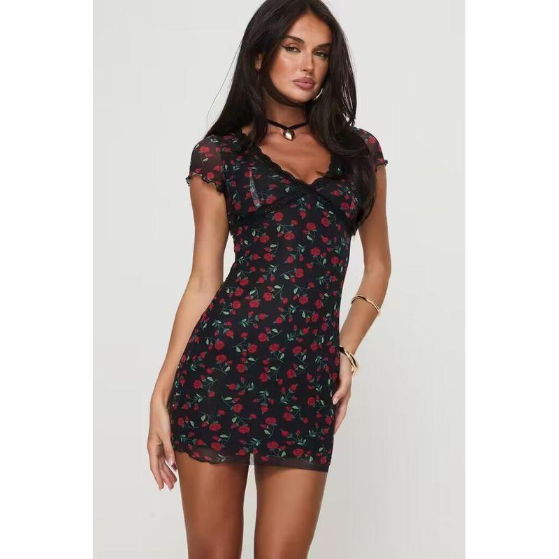 

Princesspolly American Retro Sexy Sexy Rose Floral Patchwork Lace Silm Sheath Dress