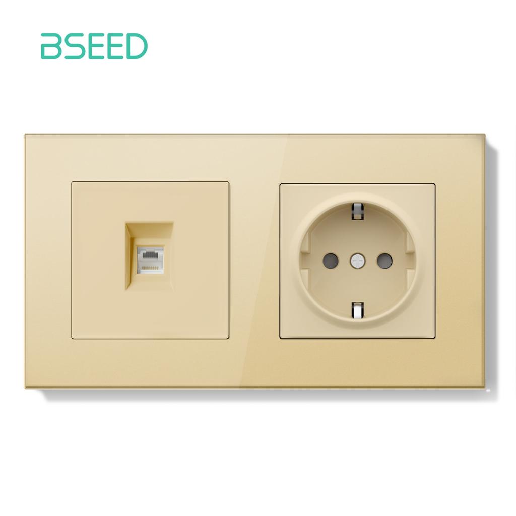 BSEED Dual Internet Sockets Single CAT6 Wall Socket EU Power Sockets Plus Network Data Computer Connecter Outlets Glass Panel