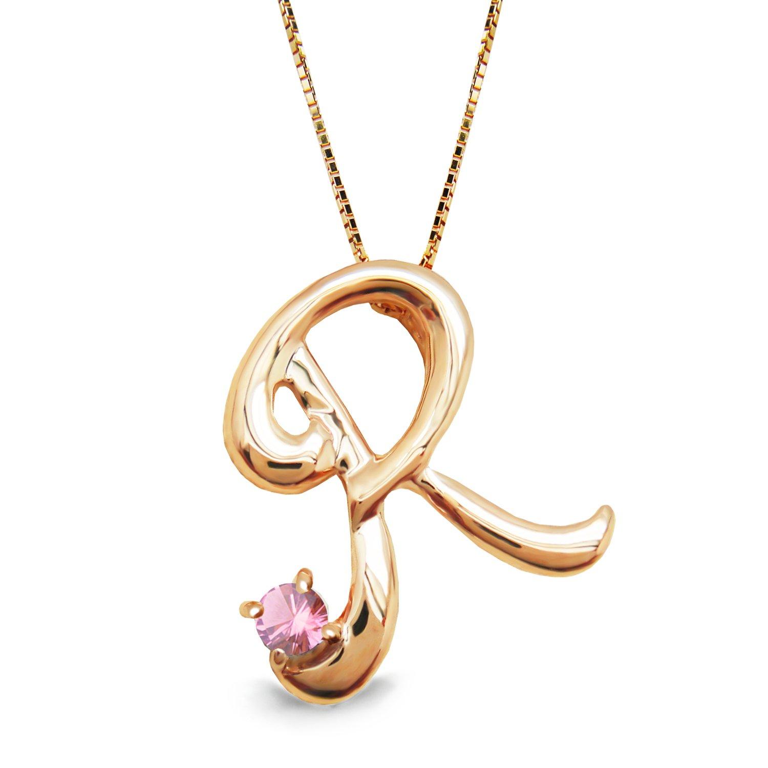 

miwahouseki Initial R Selectable Birthstone Pink Gold Alphabet Necklace October Pink Tourmaline [Miwahouseki]