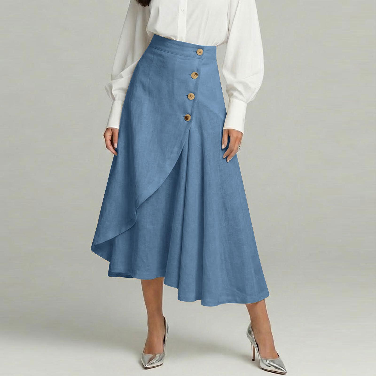

Women s Fashionable Cotton-Linen High-Waisted Button-Front Asymmetrical -Color Skirt XXL синій
