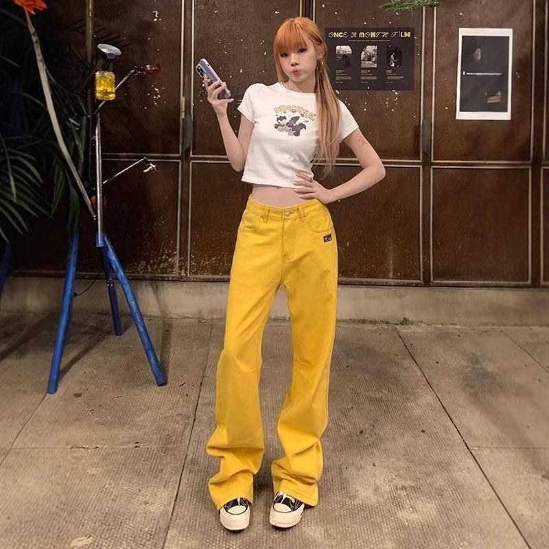 

Wavy Yellow Wide-Leg Women s Jeans: Y2K Spicy High-Waist Straight-Leg Street Style XXL