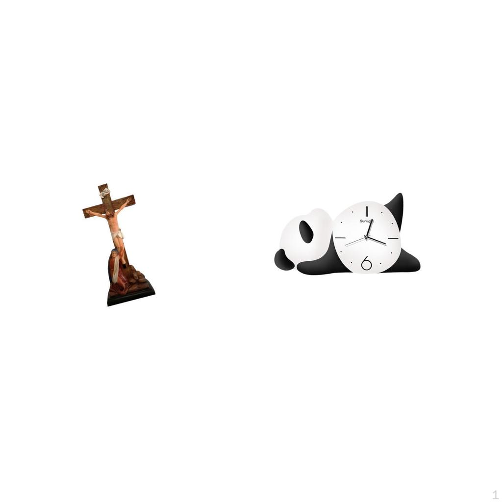 Sacred Mother Mary Religious Sculpture Ornament with Modern Panda Shape Wall Clock for Bedroom