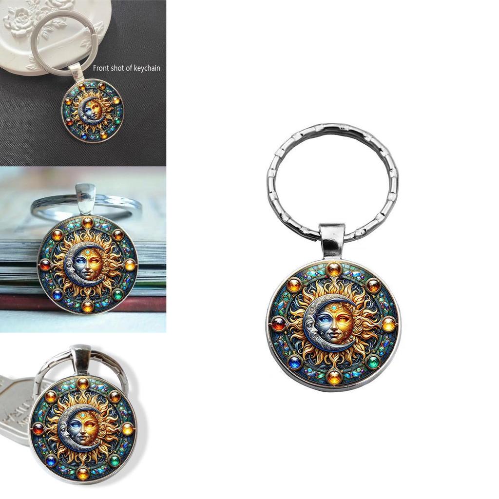 Sun Moon Pattern Glass Keychain Cute Pendant For Gift Giving And Daily Use