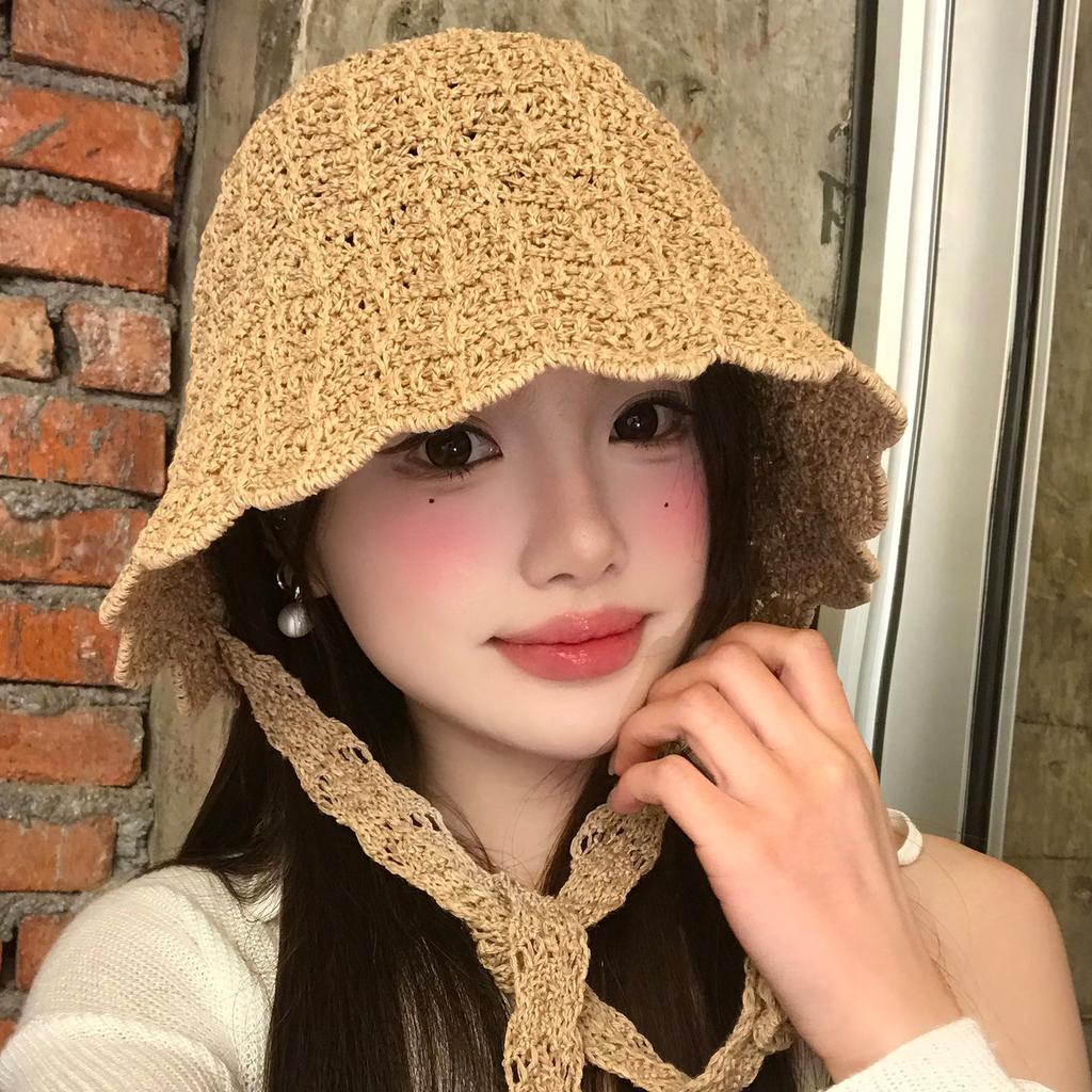 Korean Version Spring And Summer Japanese Hollow Knitted Fisherman'S Hat Children Show Small Face Straps Sunshade Sunscreen Basin Hat