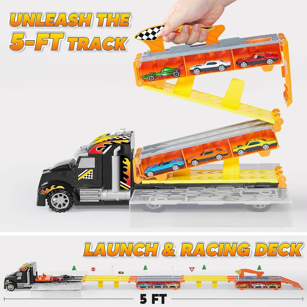 JOYFY Toy Truck Playset Race Toy Cars 60" Extra Long Race Track and 12 Die-Cast Metal Cars for Boy Girls 3-9 Years Birthday Gift