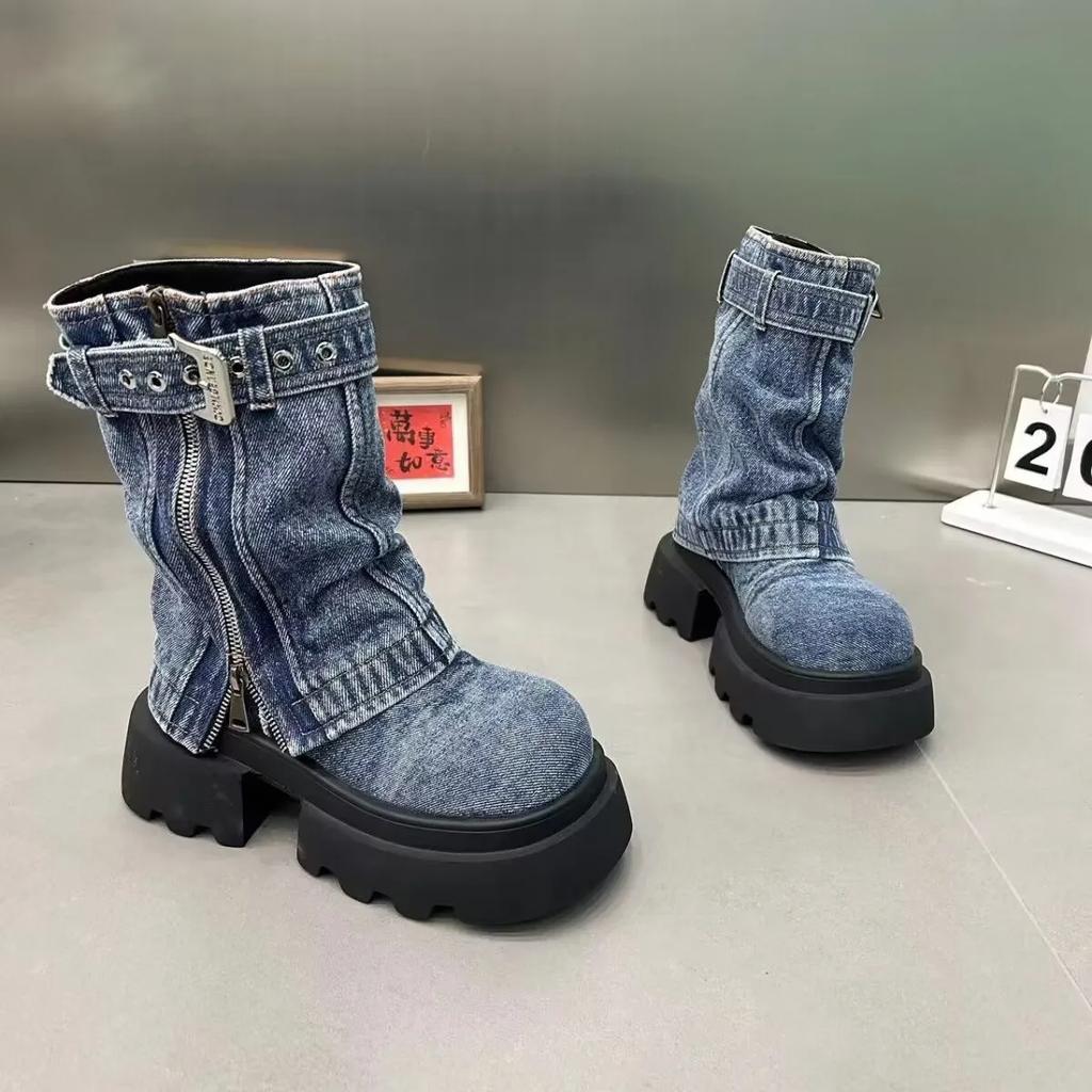 Fashion 2025Designer Denim Women Ankle Boots Fashion Elegant Side Zippers Belt Buckle Shoes Thick Heel Women's Morder Short Booties