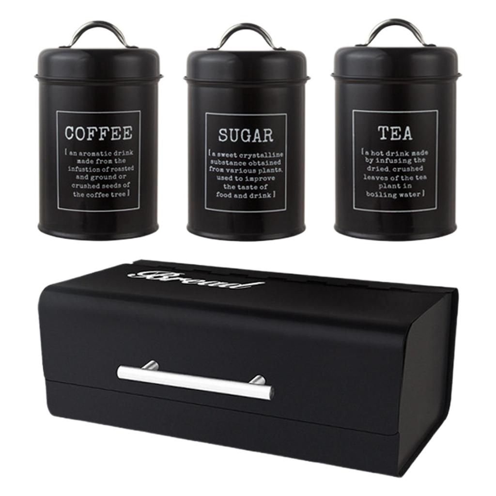4x Large-Capacity Bread Box Set Storage Kitchen Countertop for Food coffee and sugar - Black
