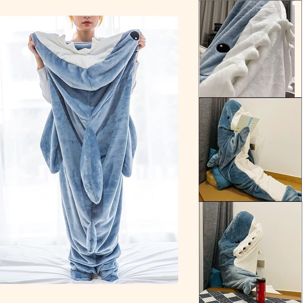 Shark Sleeping Bag Flannel Wearable Onesie Pajamas Hoodie Homewear