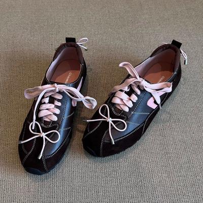 Ruoji Leather French Retro Style Bow Round Head German Training Shoes Women's Forrest Gump Shoes Versatile Inner Height Increase Single Shoes Women