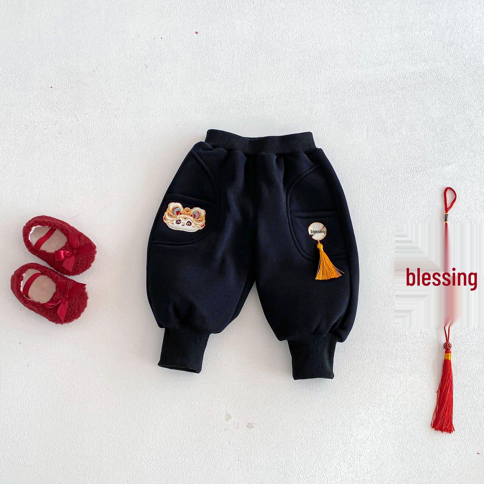

Children s 2025 Chinese New Year Embroidery Tassel Pants - Winter Velvet Thickened Boys Sweatpants 73