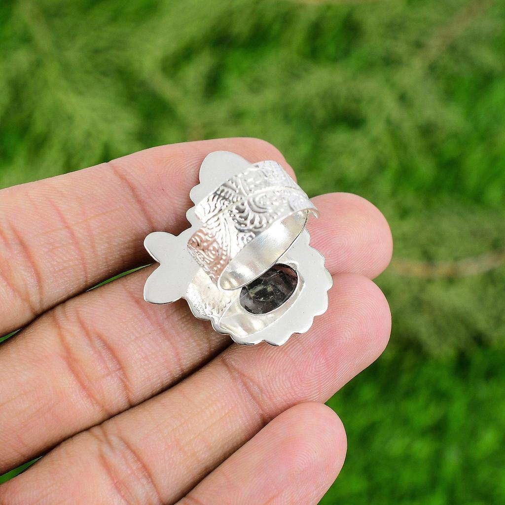 Wedding Gift For Her 925 Silver Natural Black Rutile Stackable Adjustable Ring