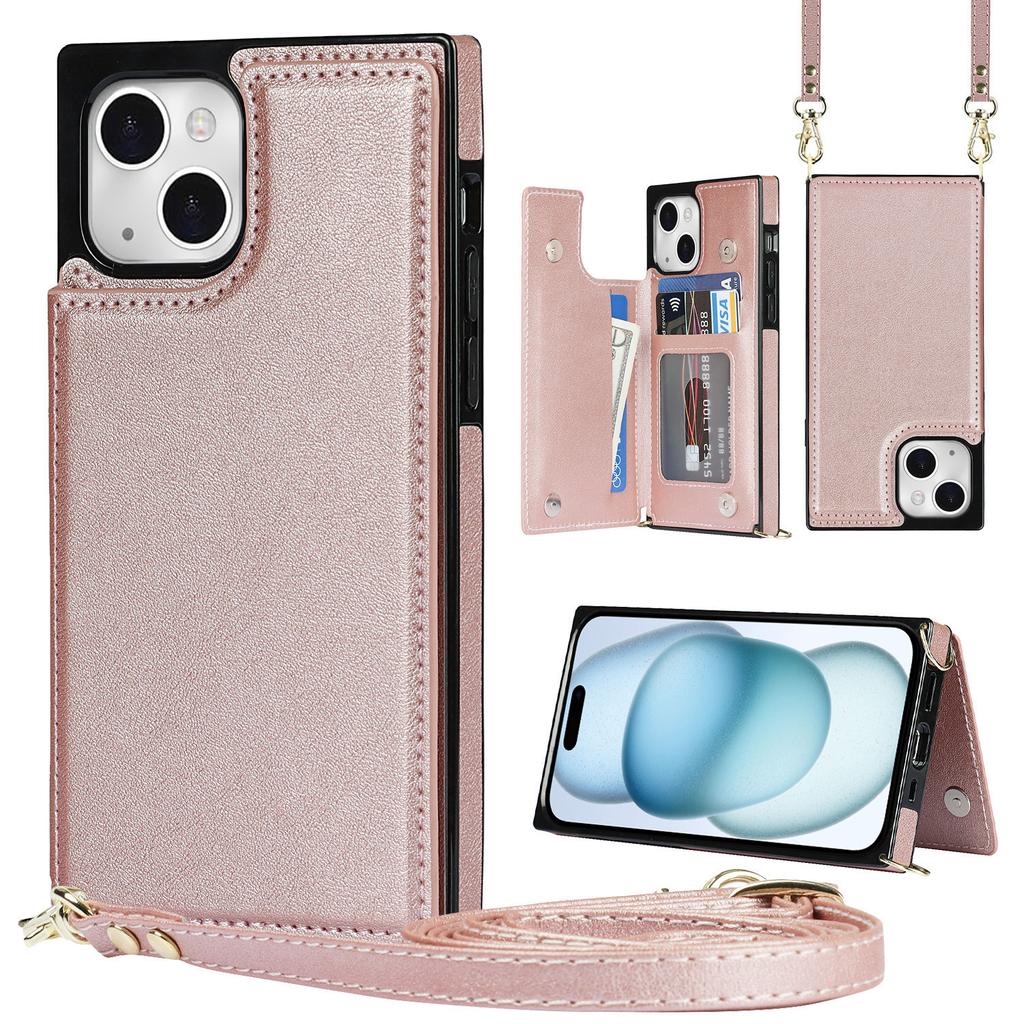 For iPhone 15 RFID Blocking Card Holder Back Cover Kickstand Phone Case with Shoulder Strap