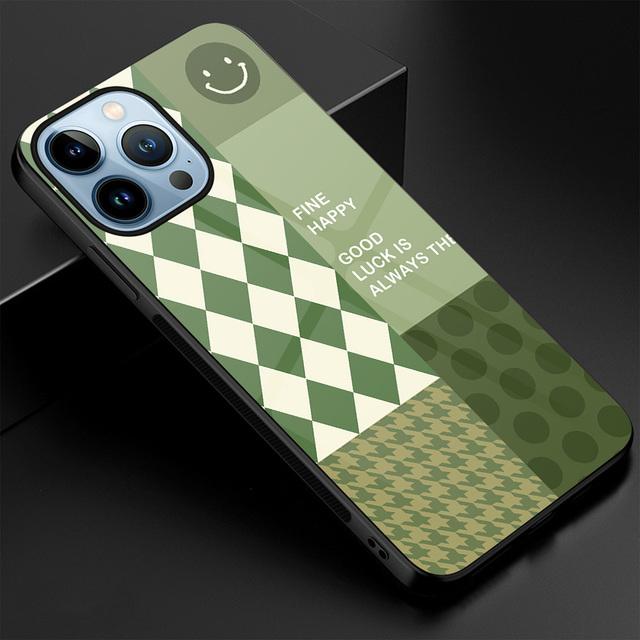 

Чехол для телефона с зеленой ромбовидной сеткой для Iphone 14 13 12 11 Pro Max Mini Xs Xr X 7 8 6s Plus Se 2022 Carcasa, чехол из закаленного стекла For iPhone 12