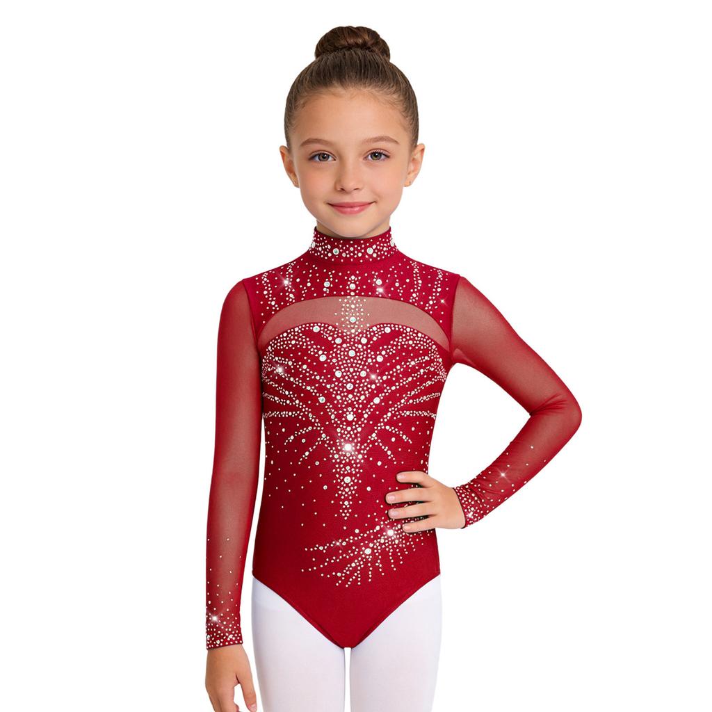 Dívčí trikot s rolákem a dlouhým rukávem, síťované díly, třpytivé kamínky, skrytý zip na zádech, gymnastický body