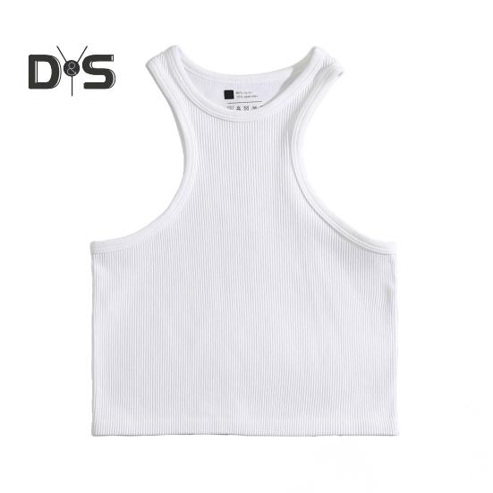 Women Running Vest O-Neck Sleeveless Short Tank Tops Solid Color Ribbed Elastic Fitting Quick Drying Racer Back Vest