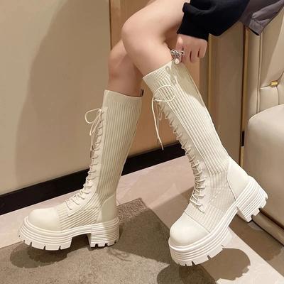 Spring Autumn Chunky Platform Platform Pumps Long Boots Women Thick-soled Stretch Knitted Knee High Boots Woman Botas De Mujer