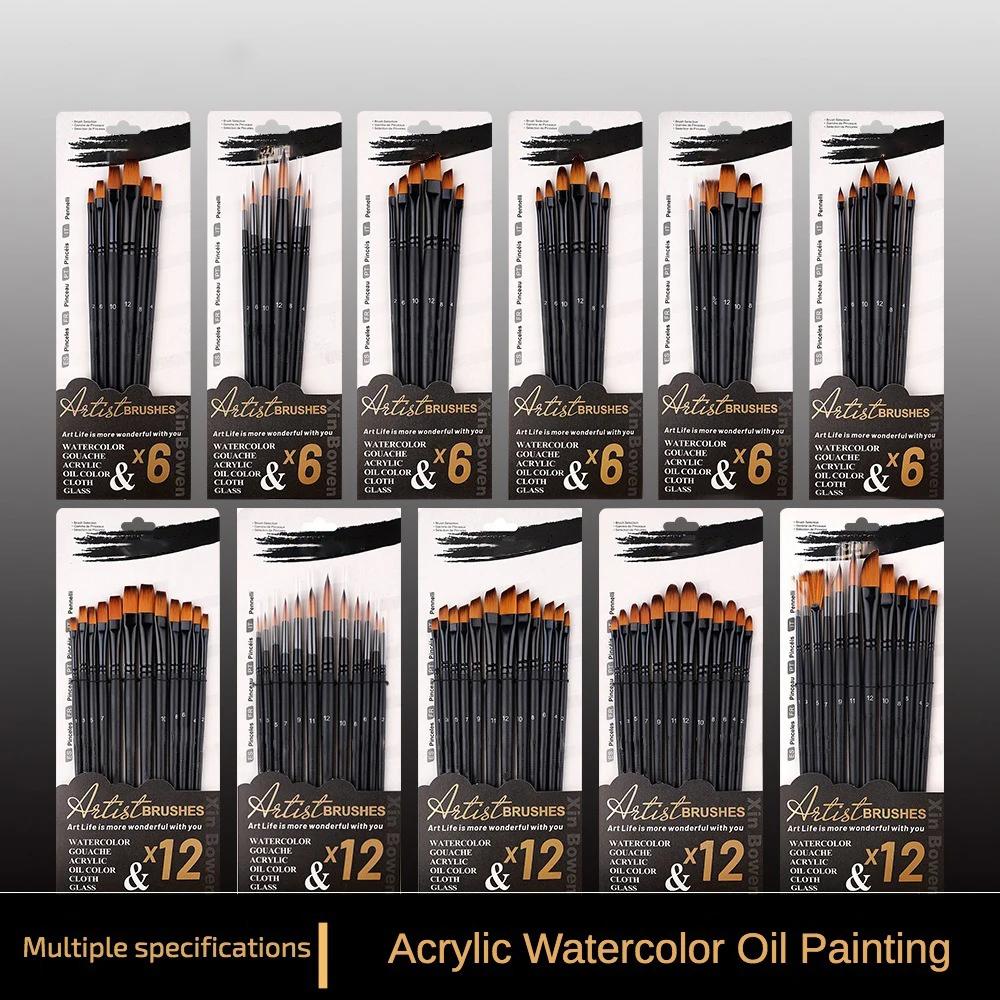 6/12 Pcs Nylon Brush Set for Students To Paint Acrylic Paint Pen Black Rod Children's Watercolor Pen Art Material Painting Brush