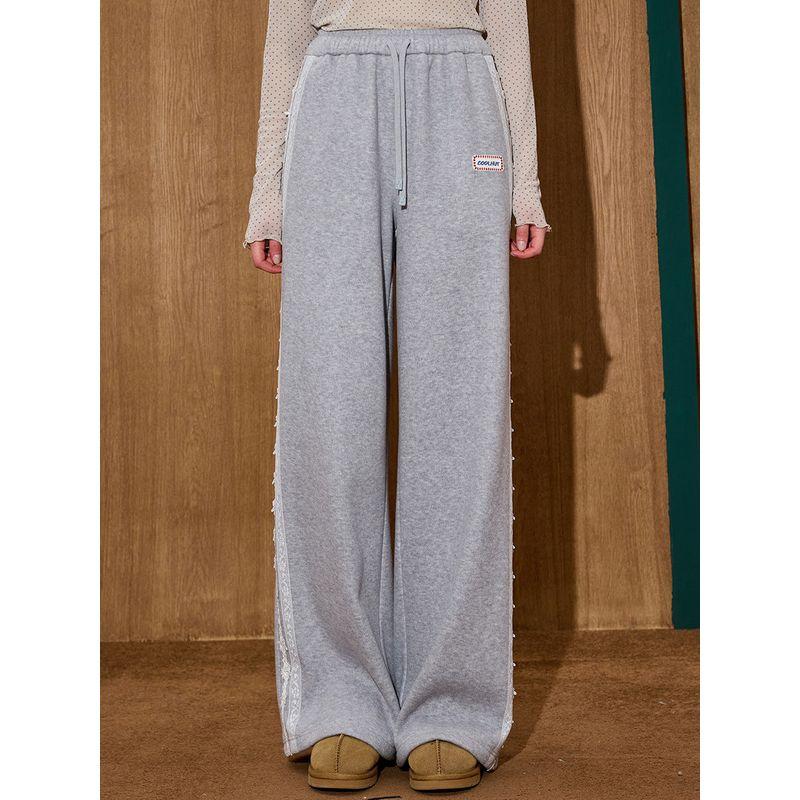 Coolhut Lace High-Waisted Draped Drawstring Loose Wide-Leg Fleece-Lined 2025 Winter Women's Casual Pants