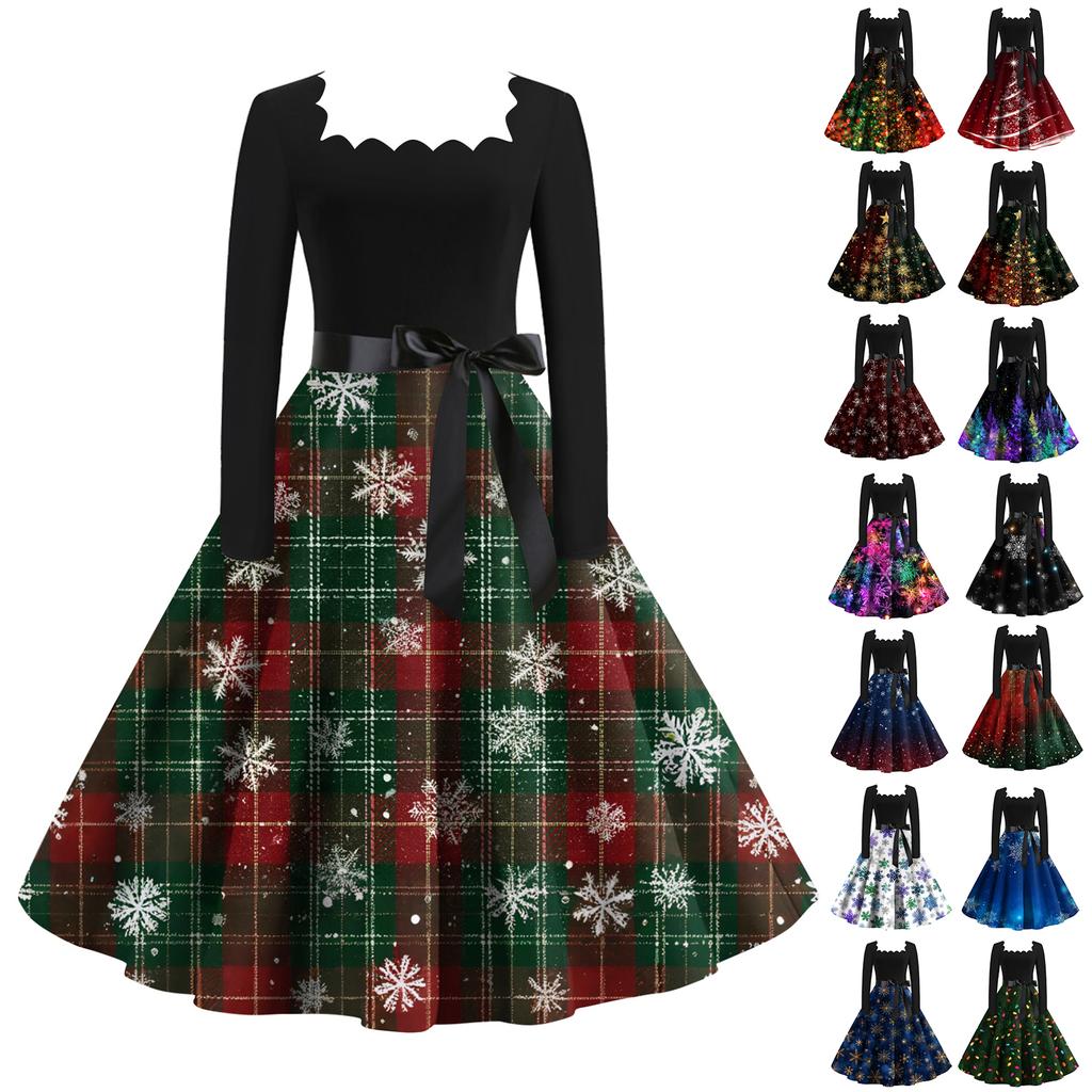 Women's Fashion Retro Long-sleeved Square Collar Christmas Printed Evening Dress
