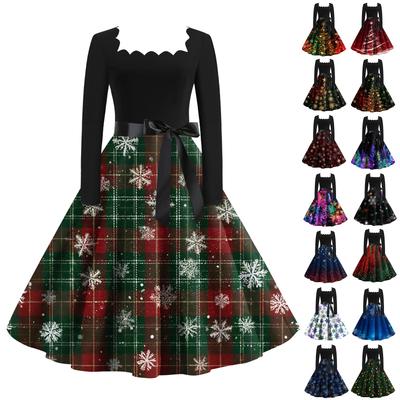 Kadın Modası Retro Uzun Kollu Kare Yaka Noel Baskılı Abiye