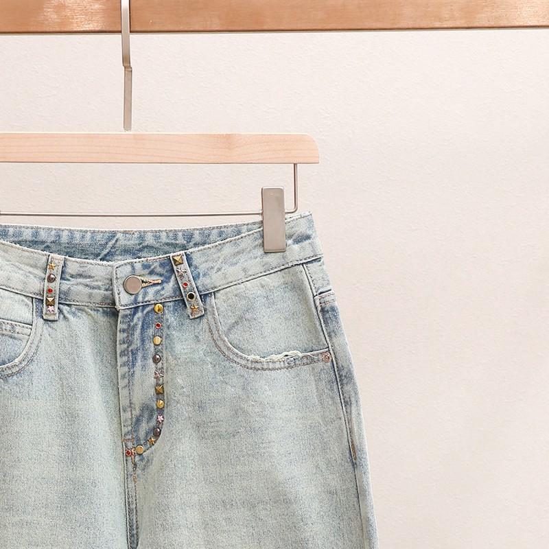Jeans Dritti da Donna a Vita Alta in Denim con Decorazioni di Strass Misto Cotone Stile Chic da Ufficio